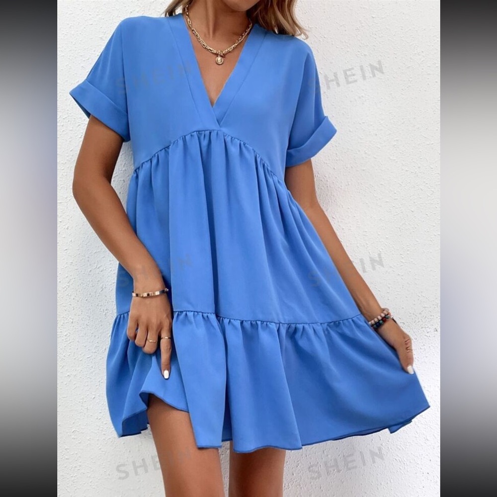 LUNE Roll Cuff Ruffle Hem Solid Dress - Picture 3 of 6